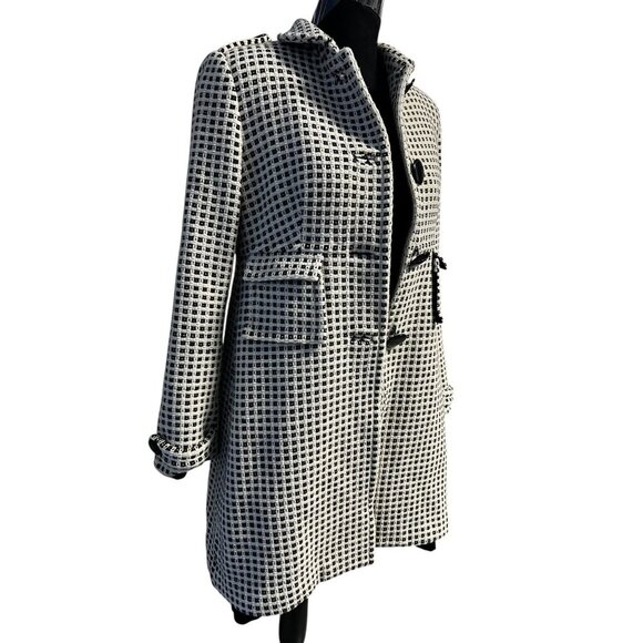 Banana Republic Wool Blend Long Coat Women M Black/White Checkered Button Closur - Picture 3 of 13